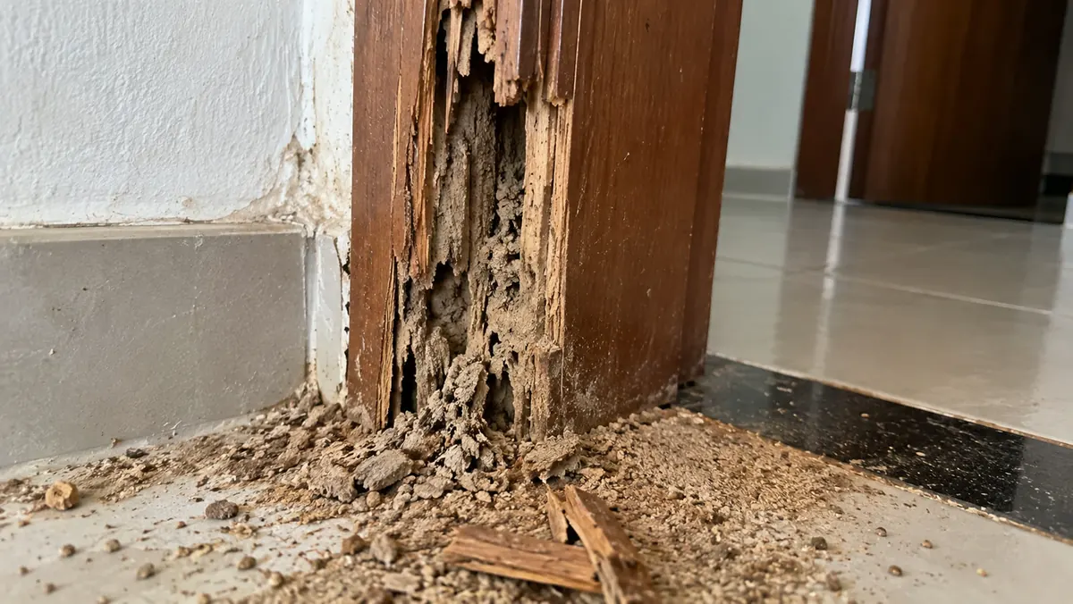 Batente e rodapé de madeira destruídos por cupim — dano estrutural que a El Shaday identifica na inspeção técnica