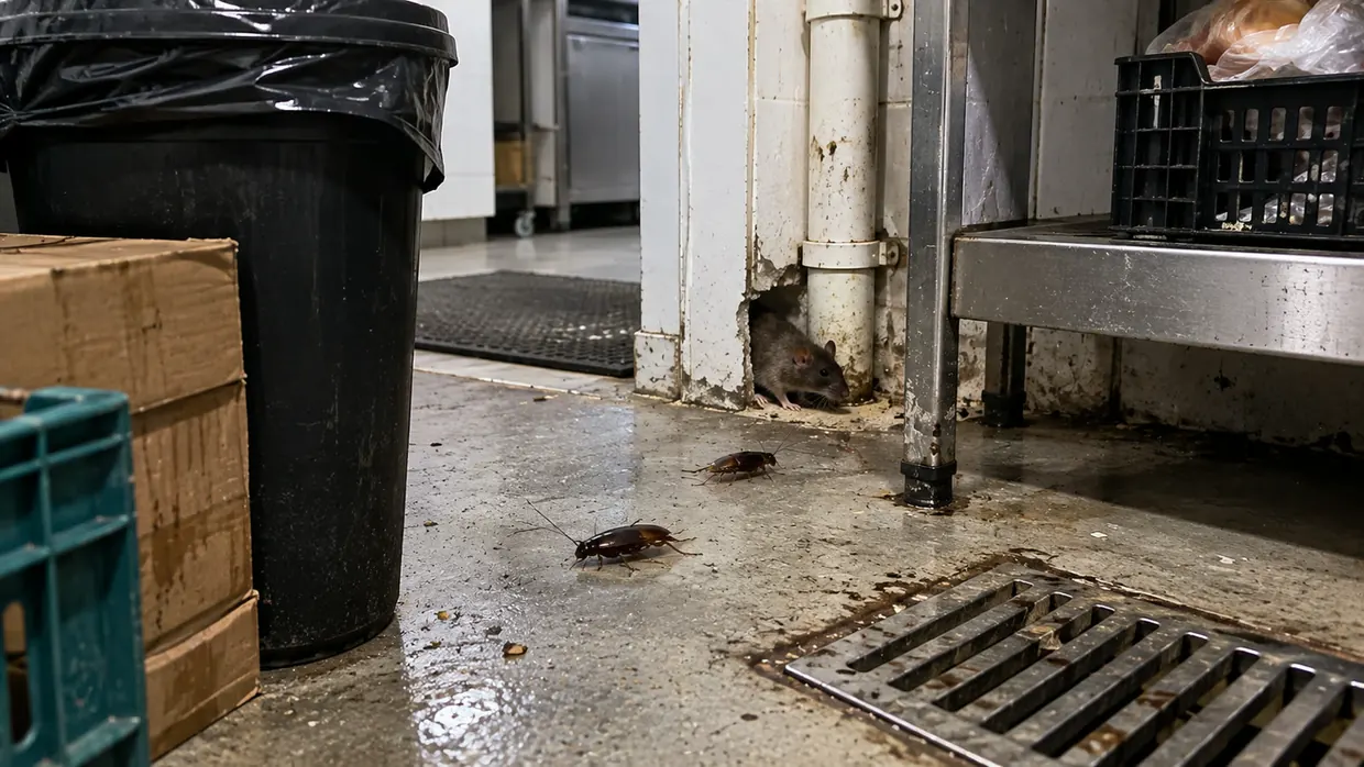 Rato e baratas em área de depósito comercial — pragas urbanas atendidas pela El Shaday